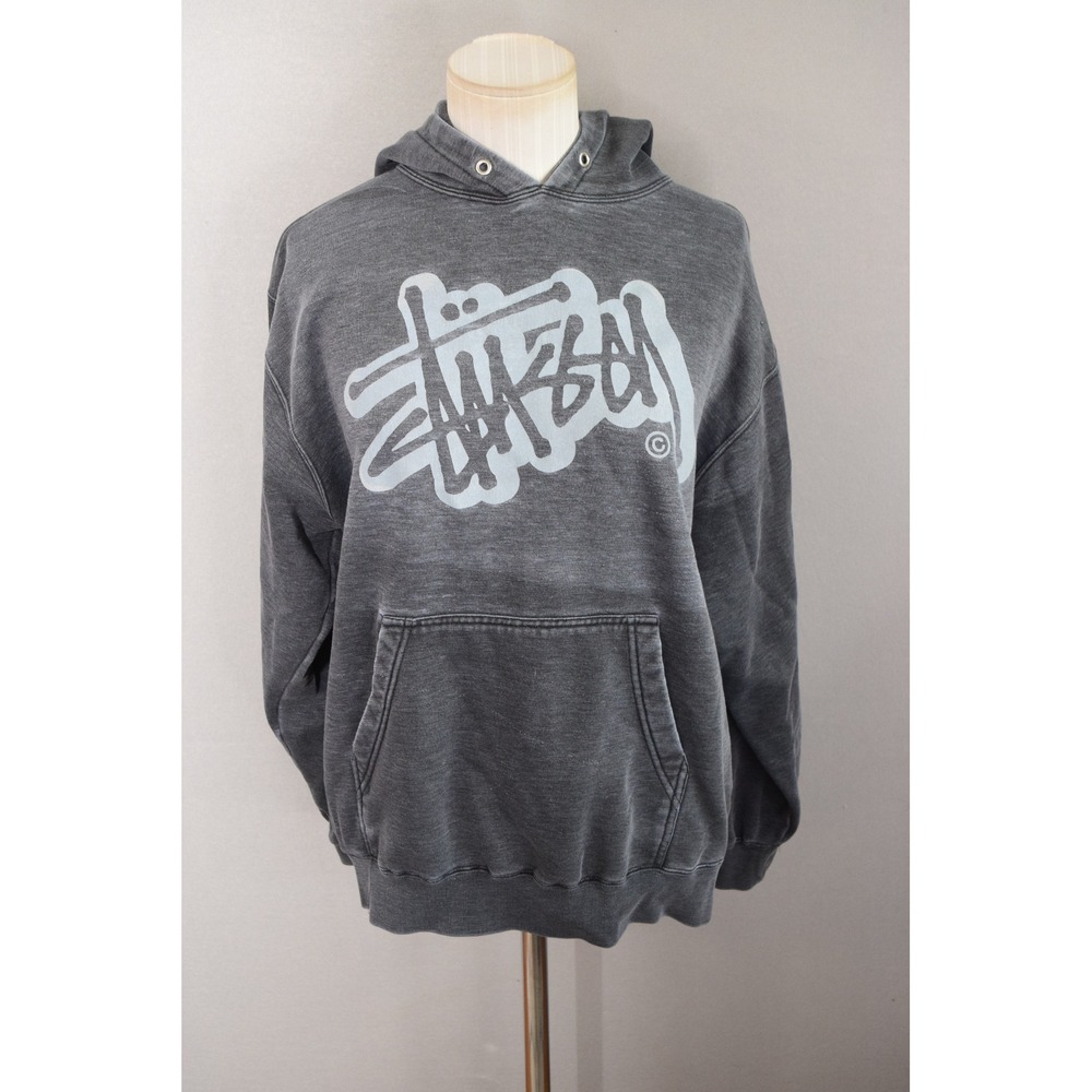 Stussy Hoodie S Gray Big Logo Pullover Sweatshirt Streetwear 80s Distressed USA
